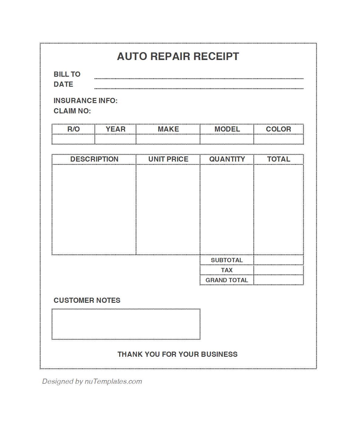 Auto Repair Receipt Template Auto Repair Receipts NuTemplates