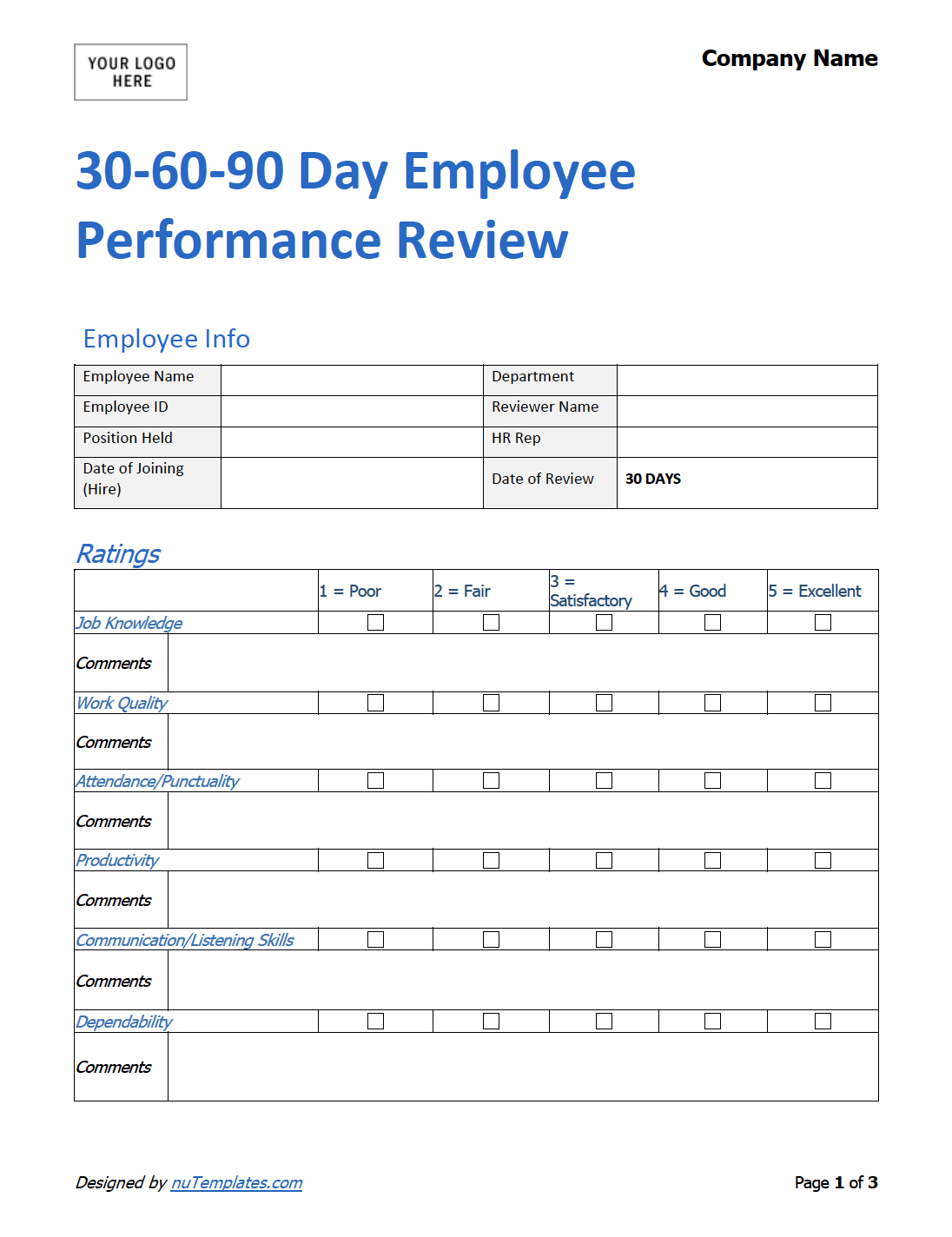 30 Day Employee Evaluation Form