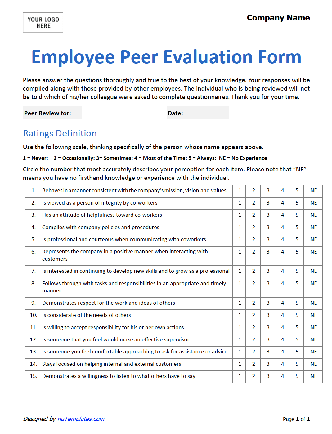 Free Employee Peer Evaluation Form 2023 Employeeform Net Vrogue
