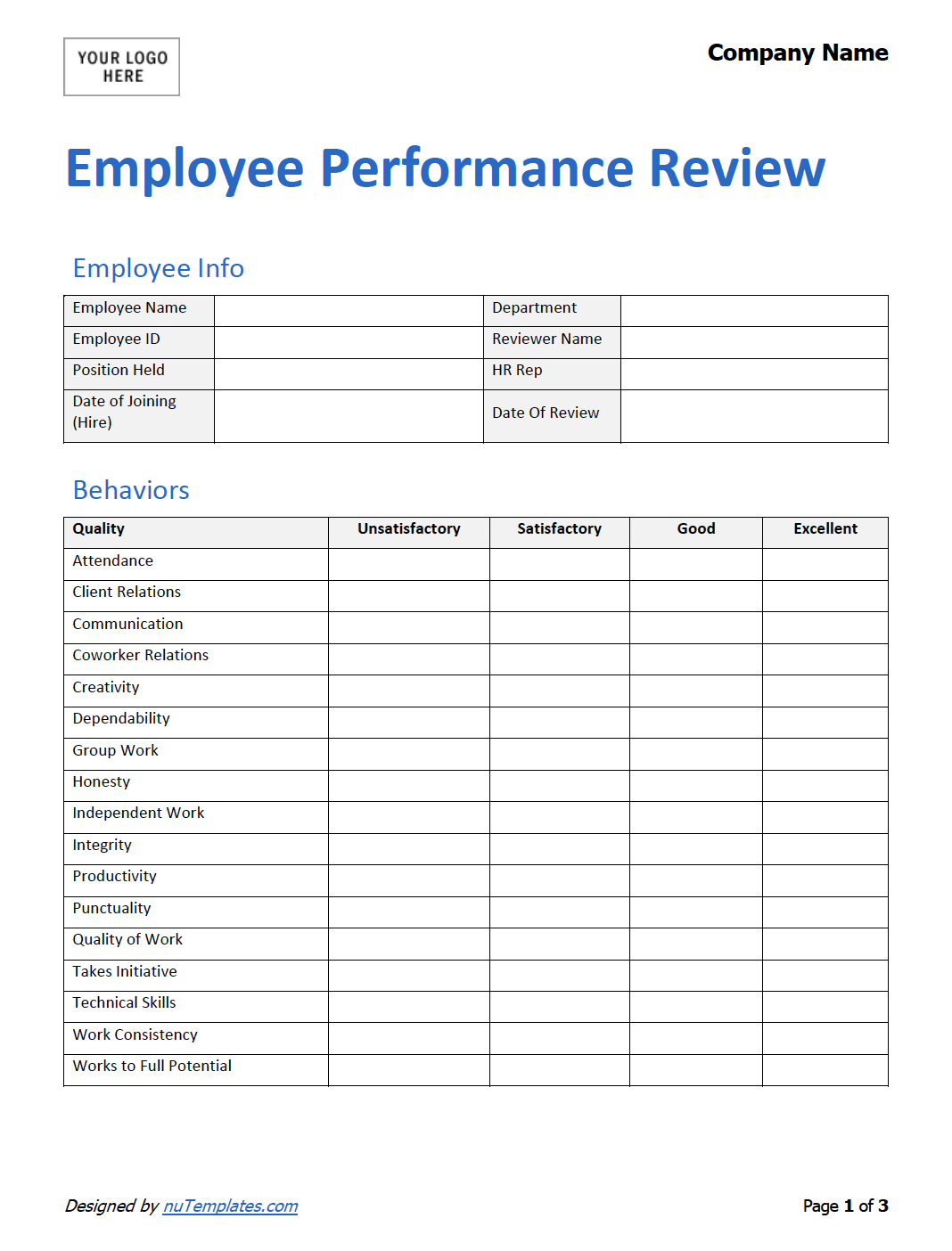 Performance Review For Employees Template