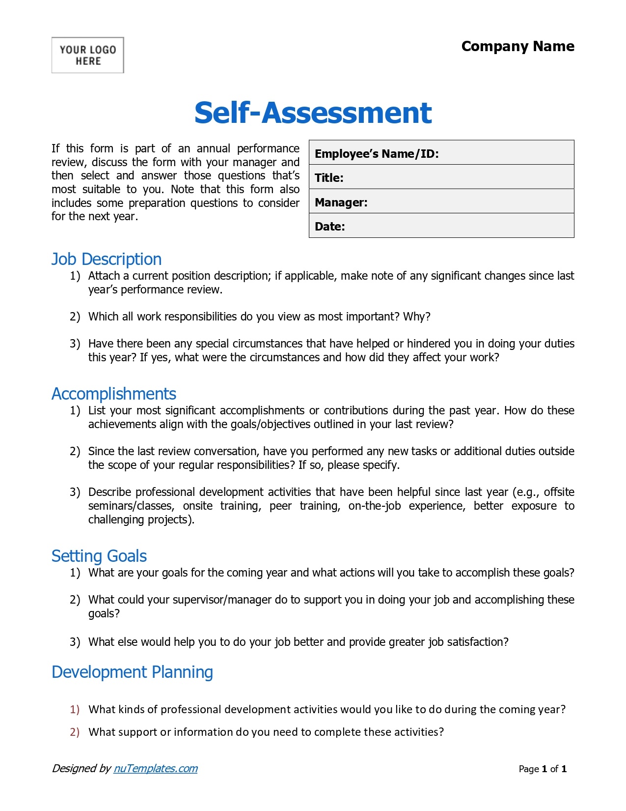 Free Employee Self Evaluation Form Template Word