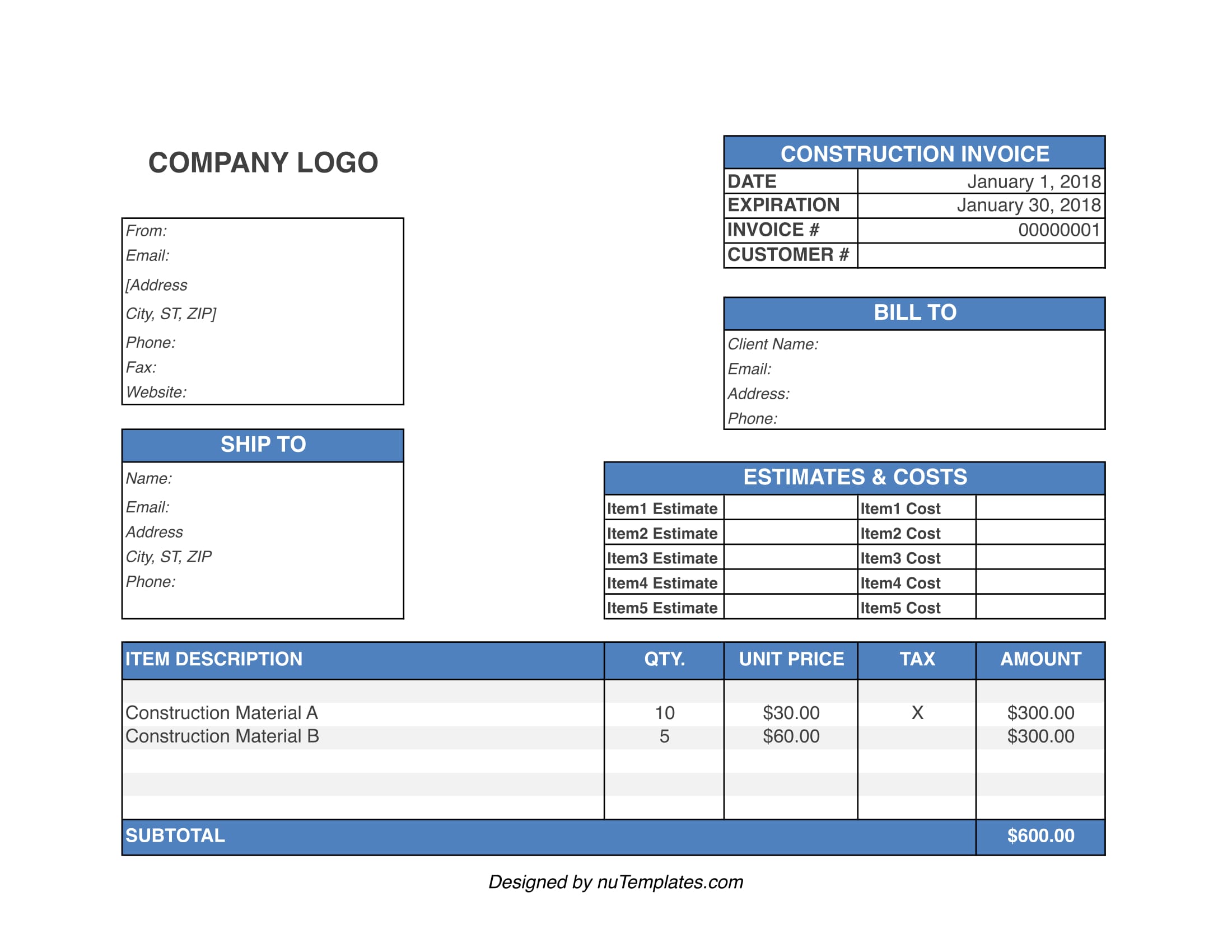 Construction Invoice Template Construction Invoices nuTemplates
