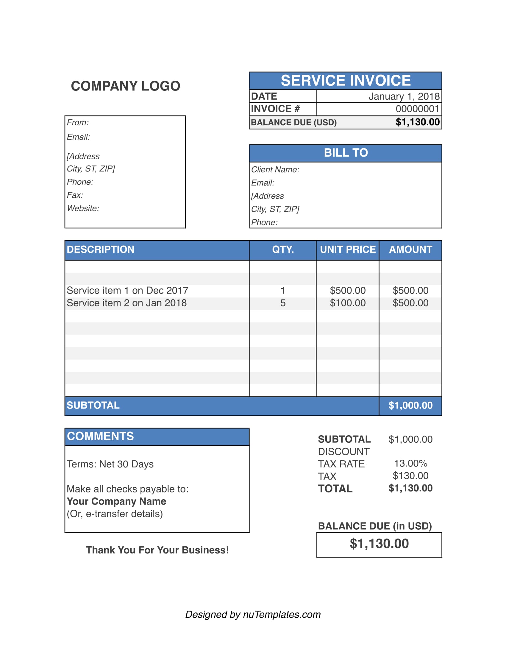 Service Invoice Template - Service Invoices | nuTemplates