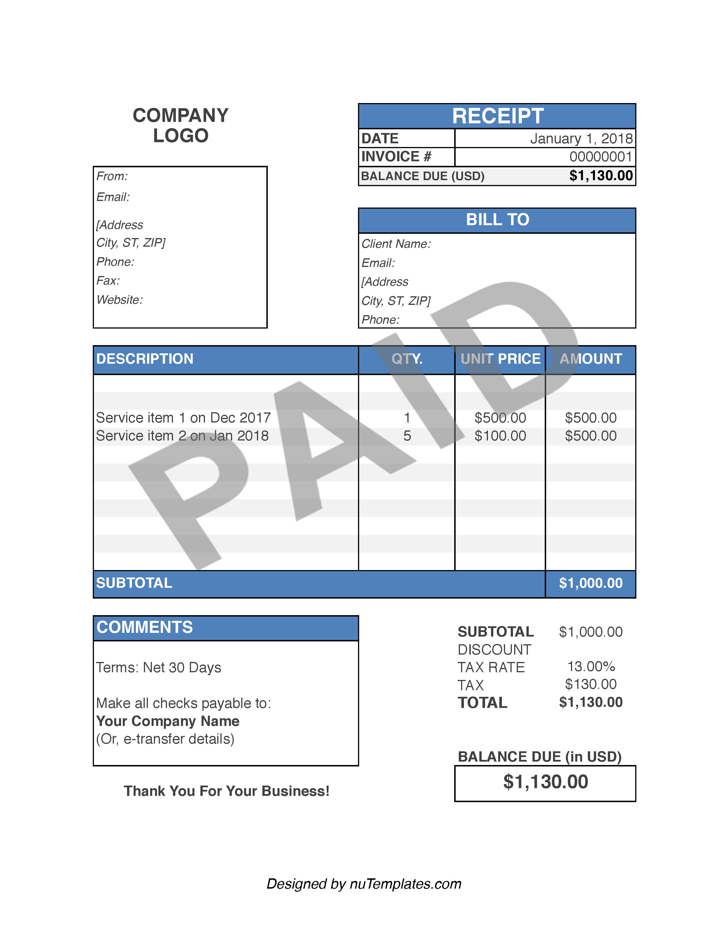 Template S For Paid Receipts