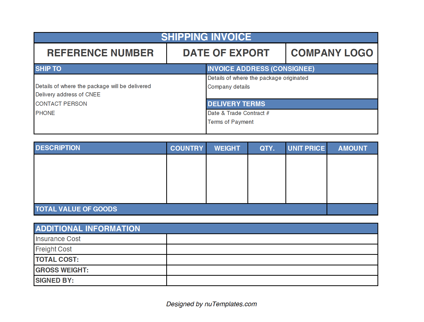 Образец заполнения commercial invoice